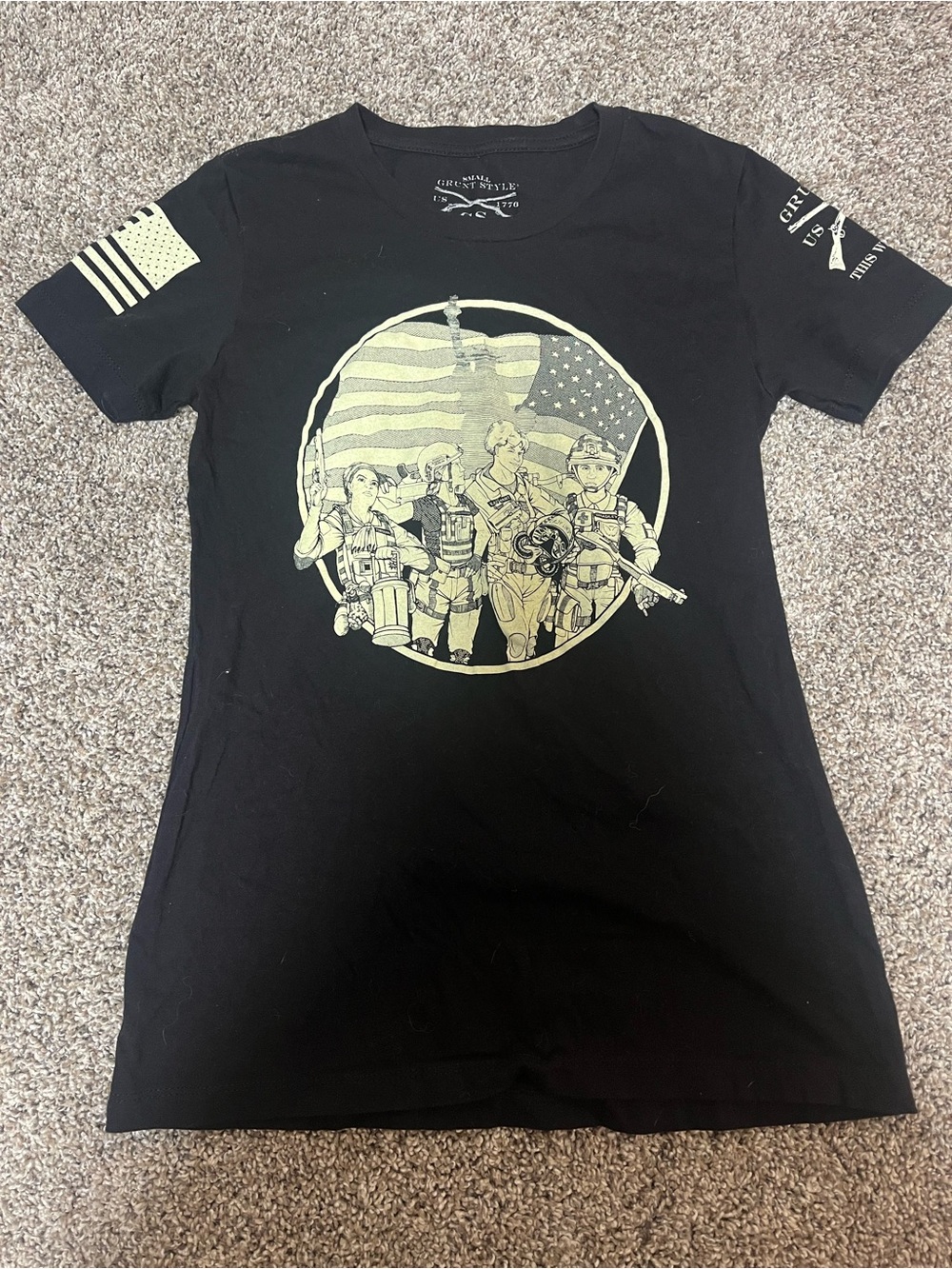 Grunt Style Black Tee with Pale Yellow Patriotic Graphic